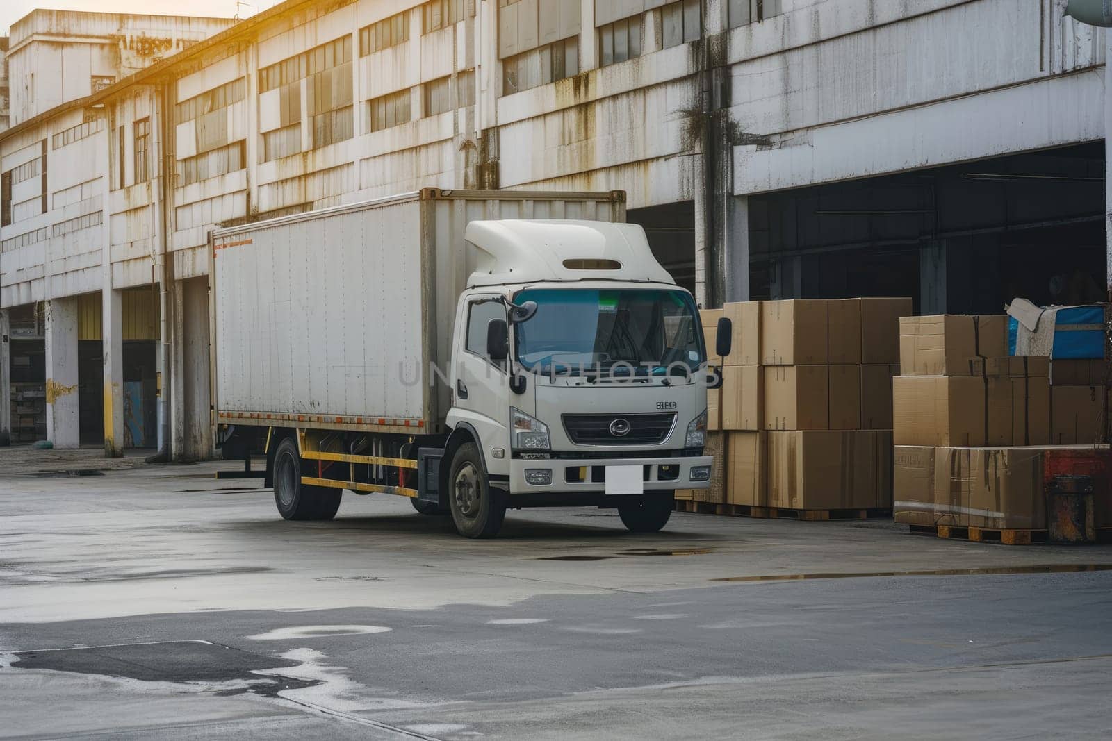 Logistics and transportation. White truck in the warehouse with boxes. for advertising by nijieimu