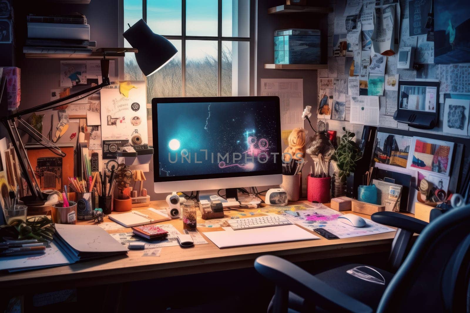 A designer's desk with a computer, designer's working table.