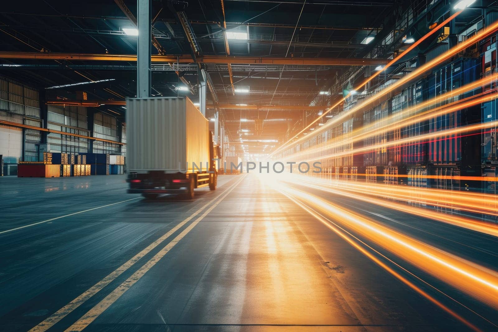 Truck with container on highway, cargo transportation concept. Fast delivery, blurred motion.