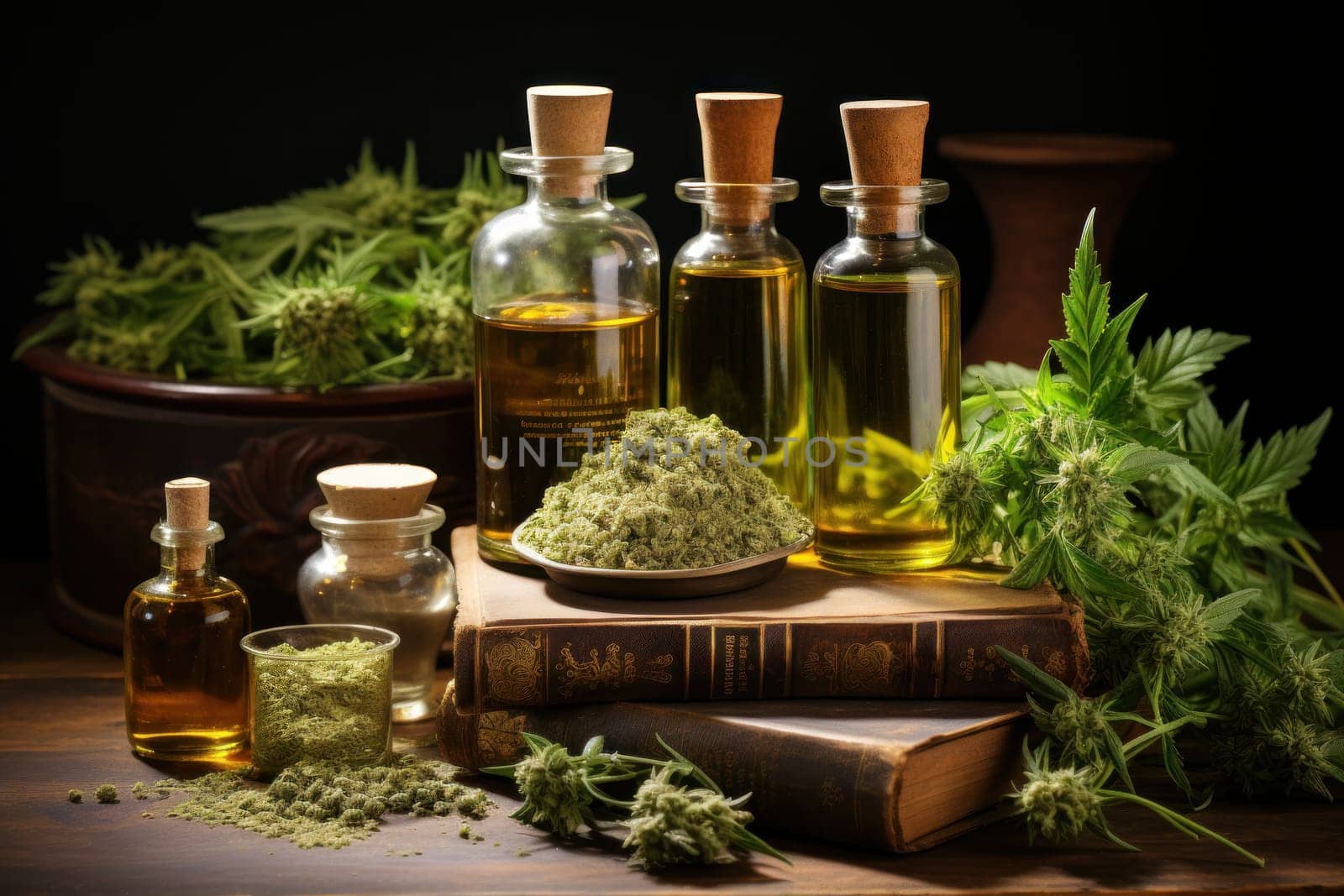 hemp medicine, Green leaves of medicinal cannabis with extract oil, AI Generative.