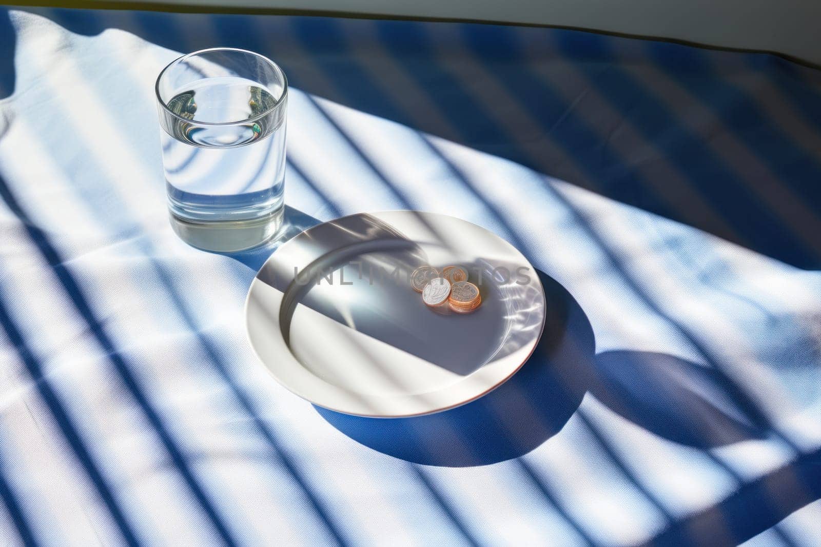 Photo of a medicine pills in a dish and glass of water with condensation.