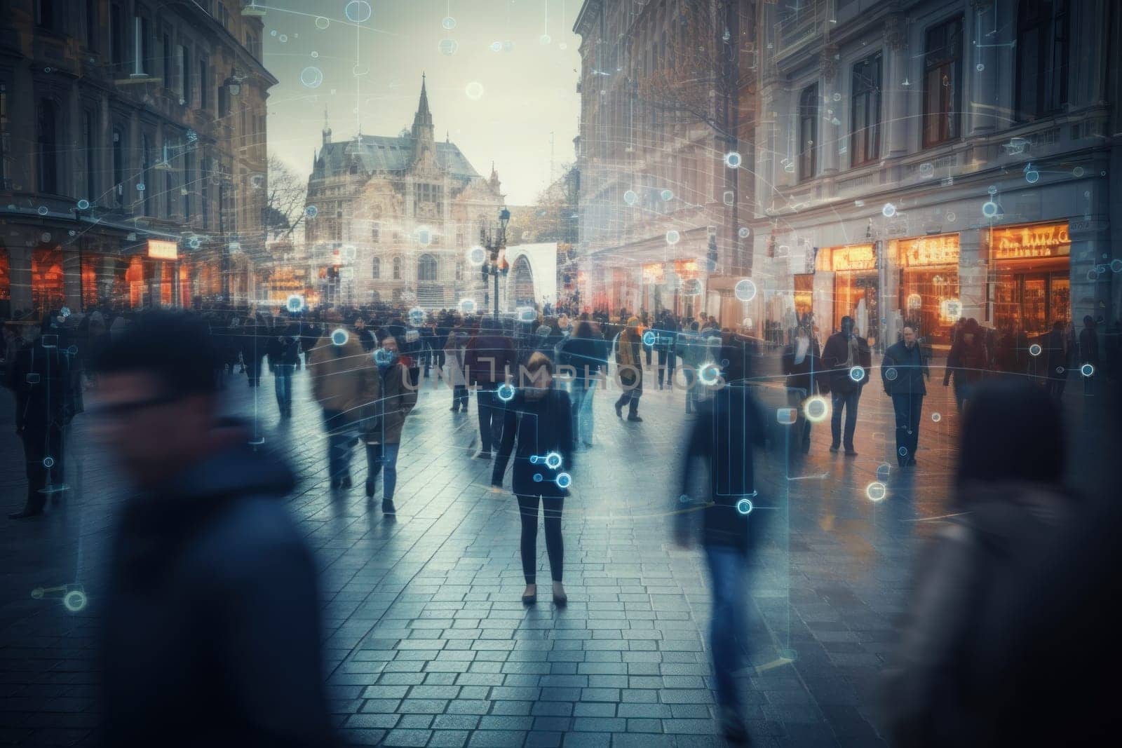 Surveillance camera of a crowd of people walking along busy city streets, AI generative.