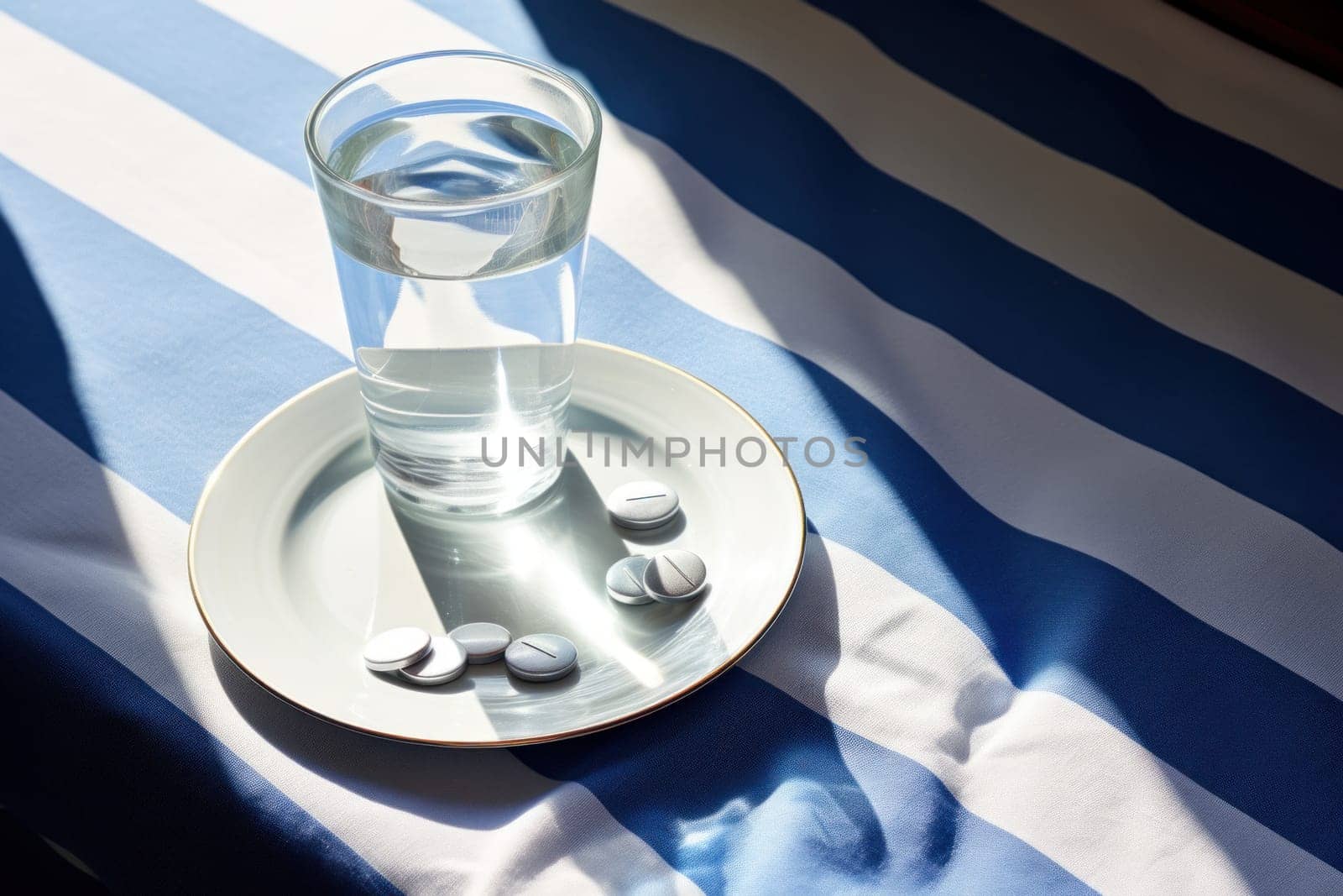 Photo of a medicine pills in a dish and glass of water with condensation.