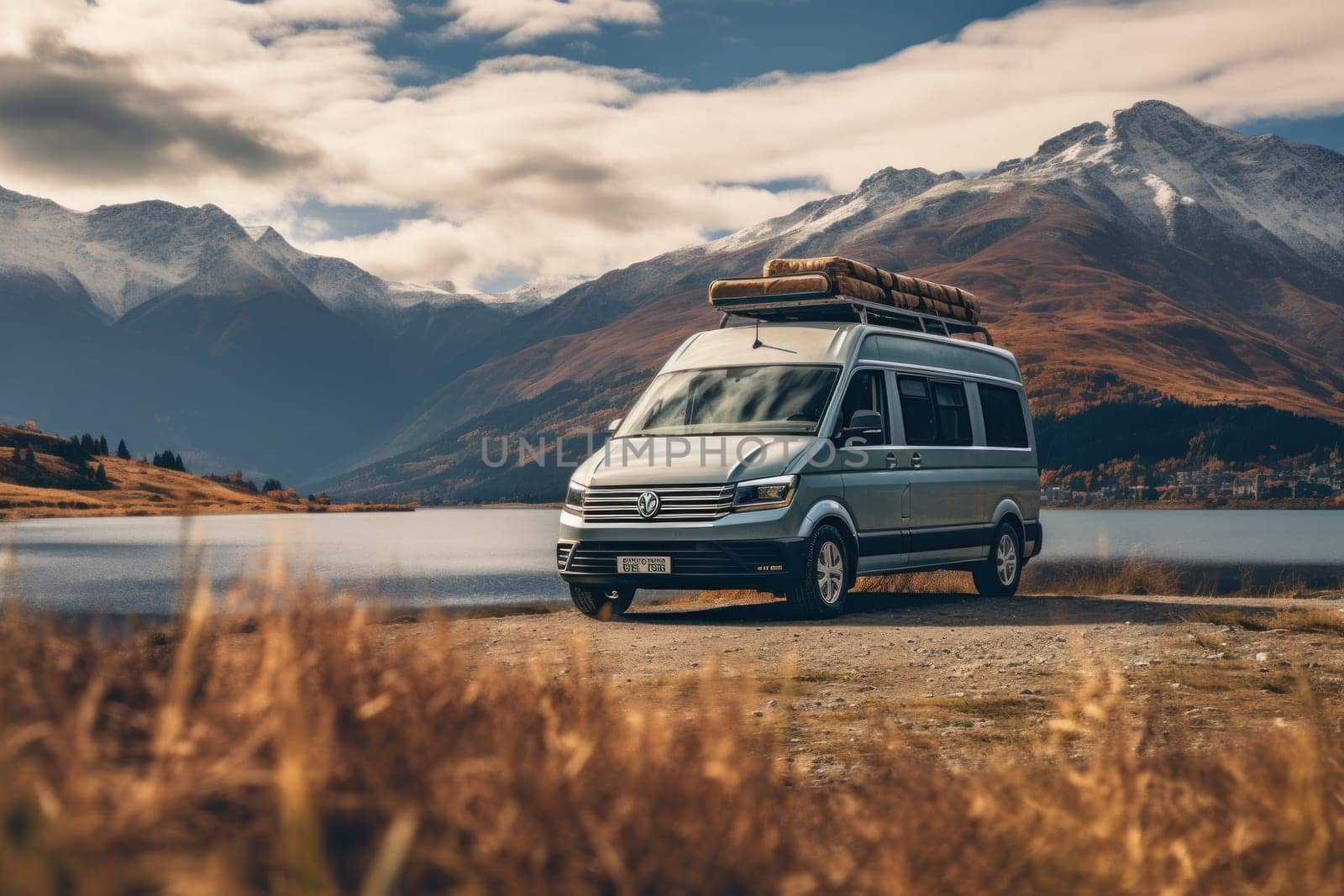 Aerial view, camper van and view of Mountain.