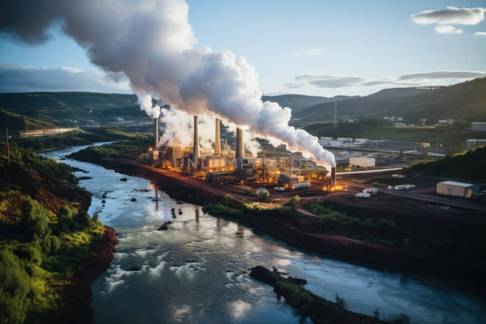 Steam rising from geothermal power plants built near natural hot springs.