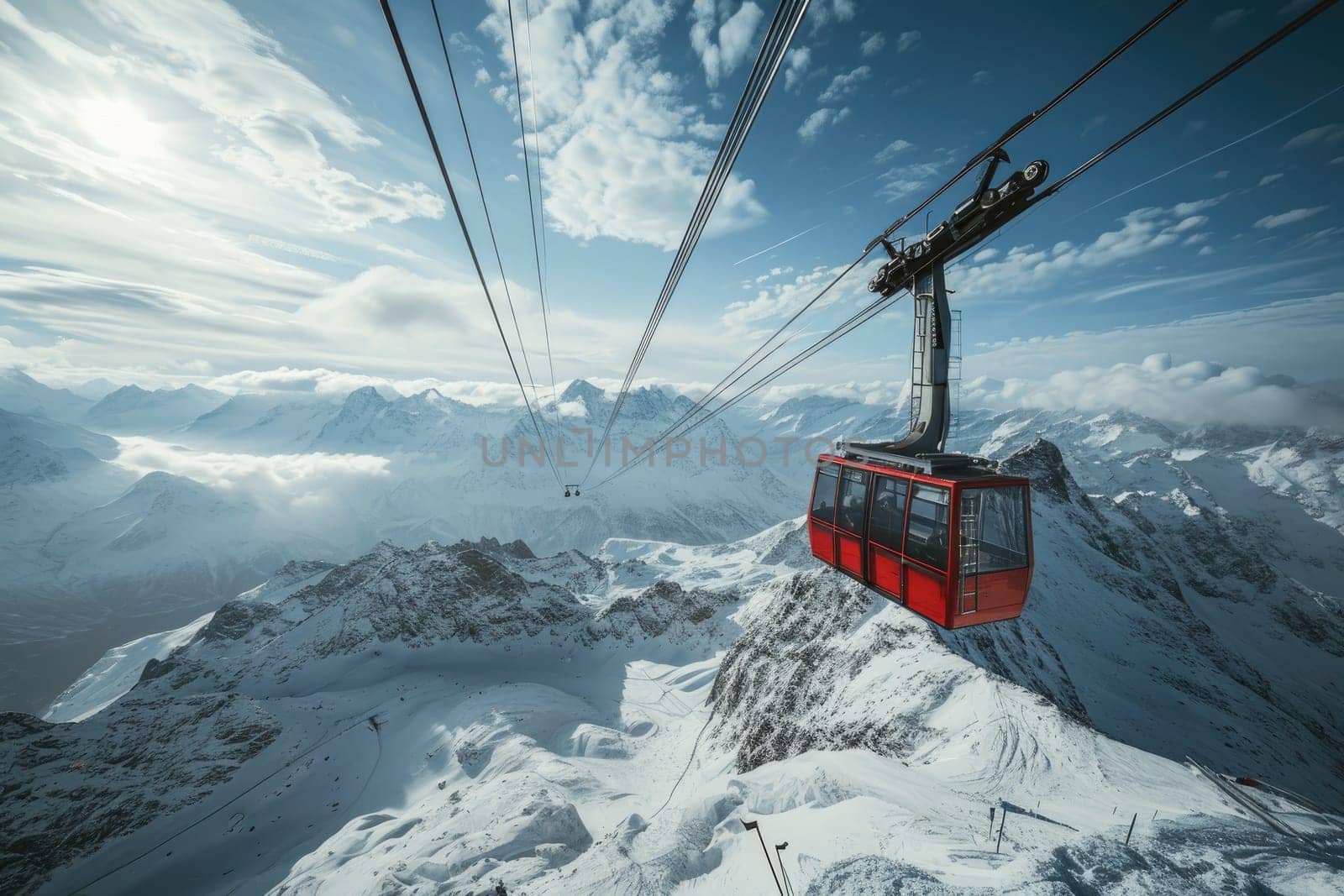 Cable Car way to snowy mountains with beautiful view from the top.