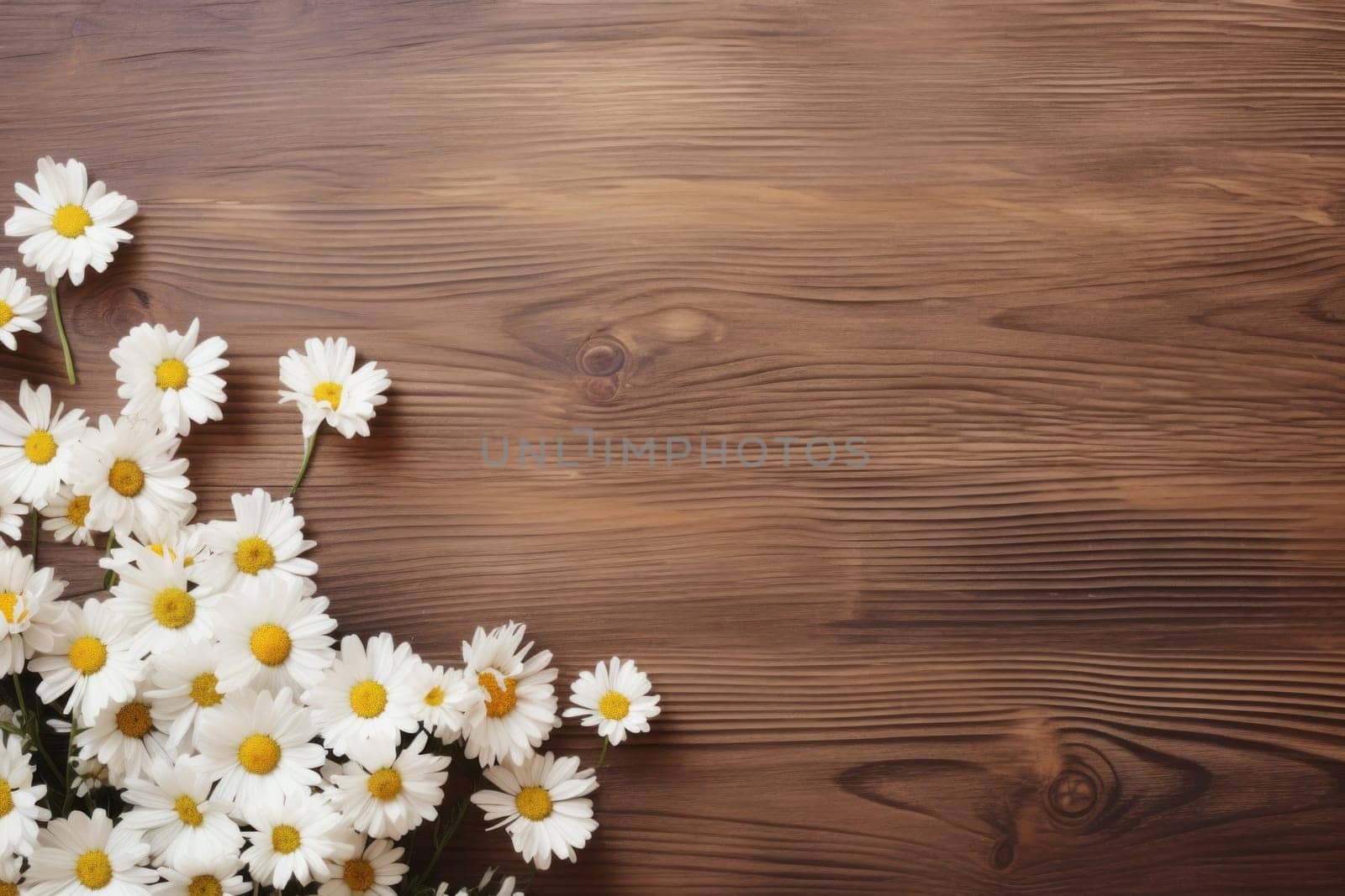 White daisy flowers gypsophila on wood table with copy space, minimal lifestyle concept by nijieimu