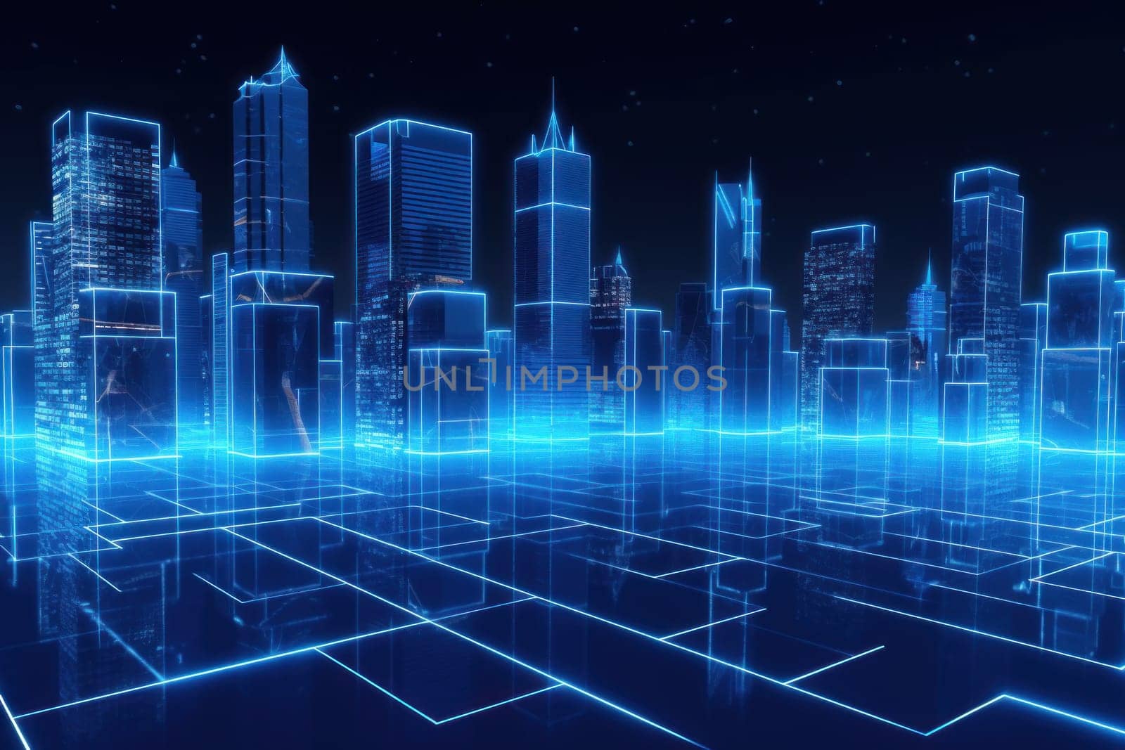 picture of modern city buildings with a blue light, in the style of data visualization by nijieimu