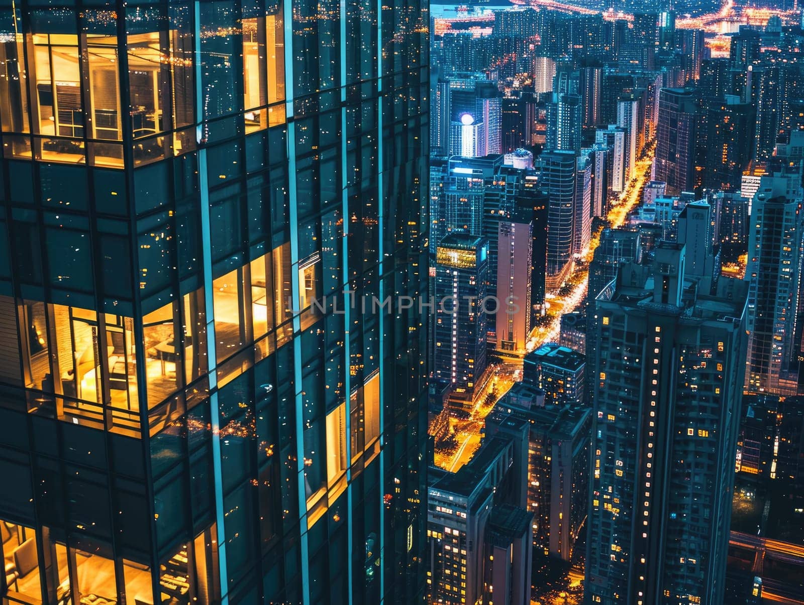 Business building city night view, Modern Office Building Illuminated at Night.