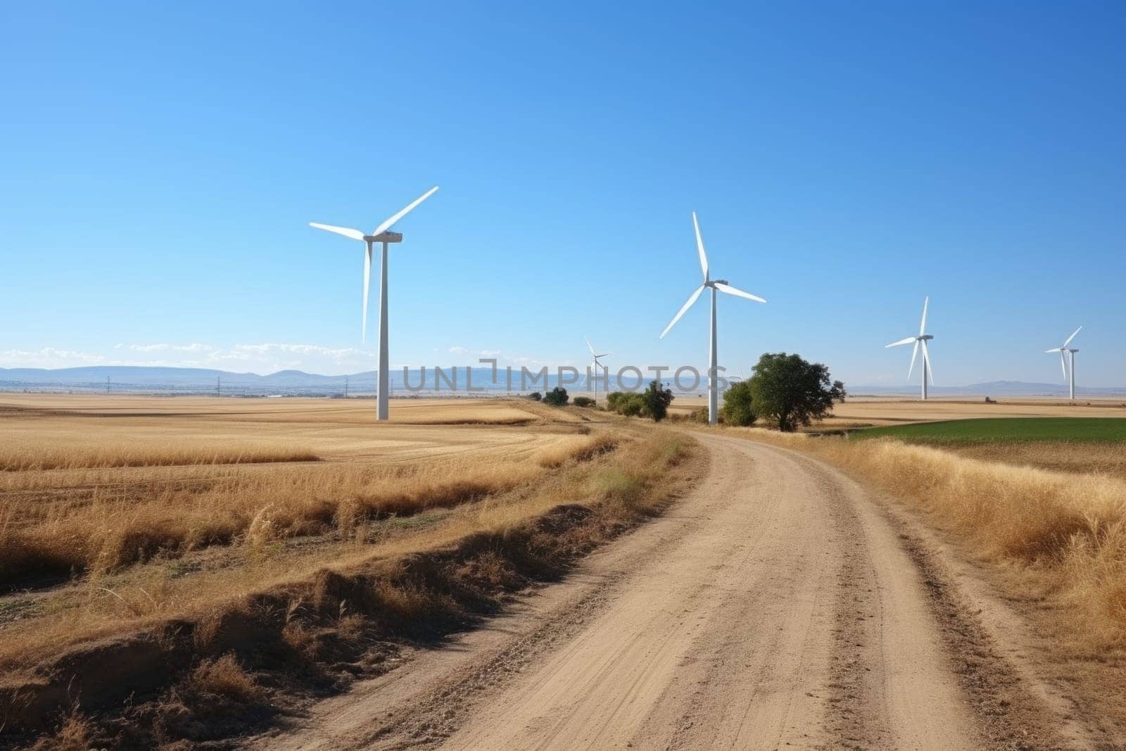 A wind farm with massive wind turbines.