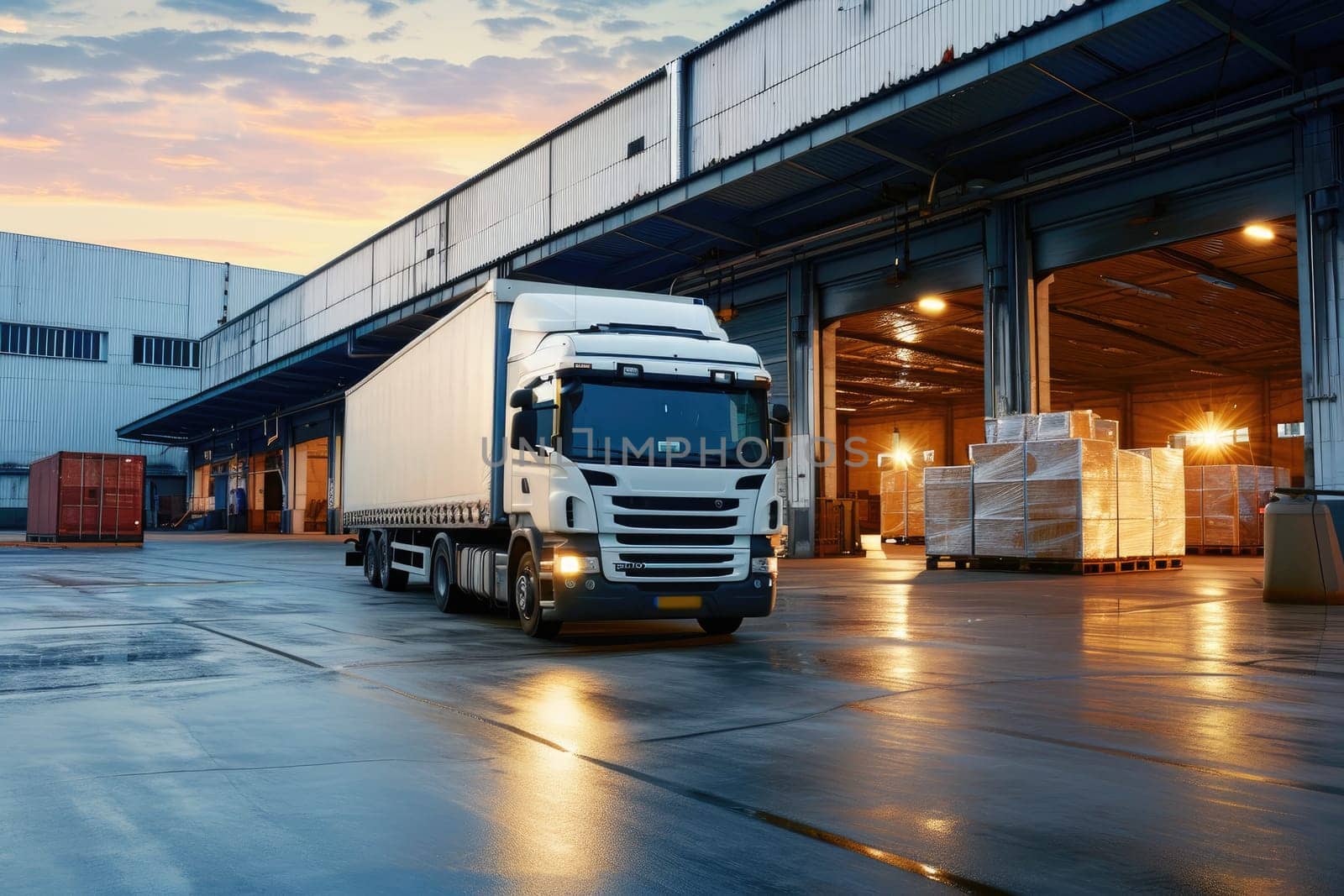 Logistics and transportation. White truck in the warehouse with boxes. for advertising.