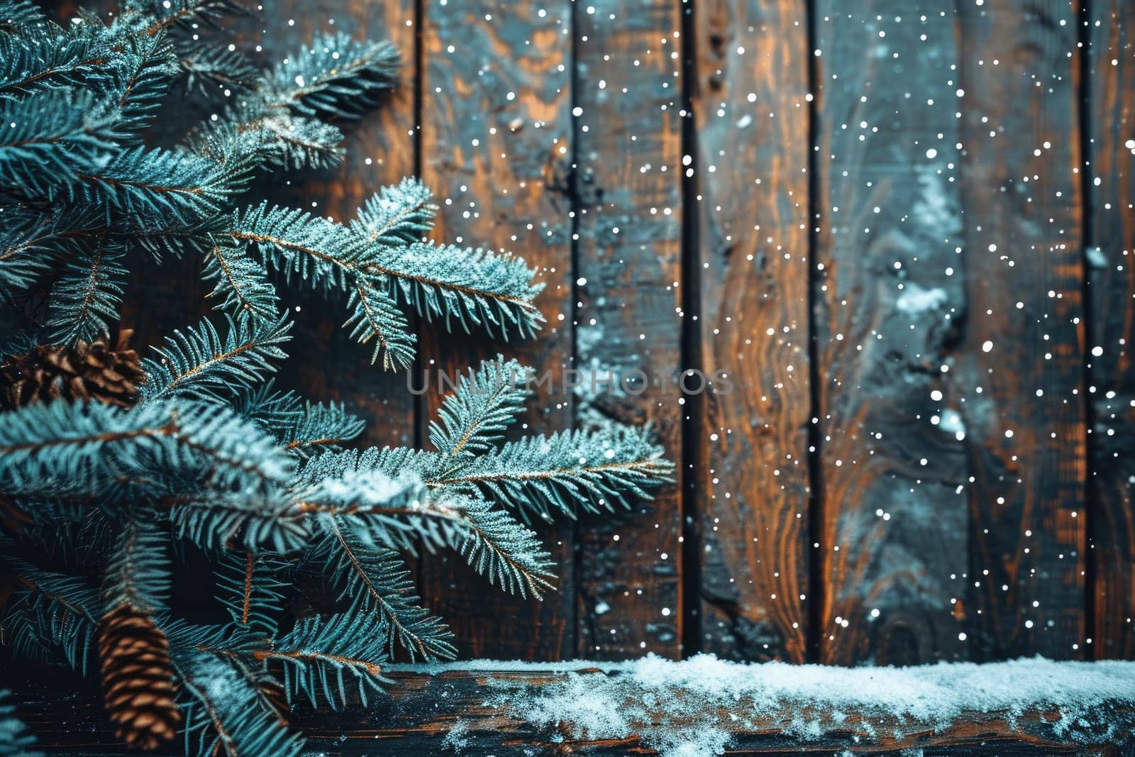 Rustic wooden background with a winter scene and many wooden slats with copy space.