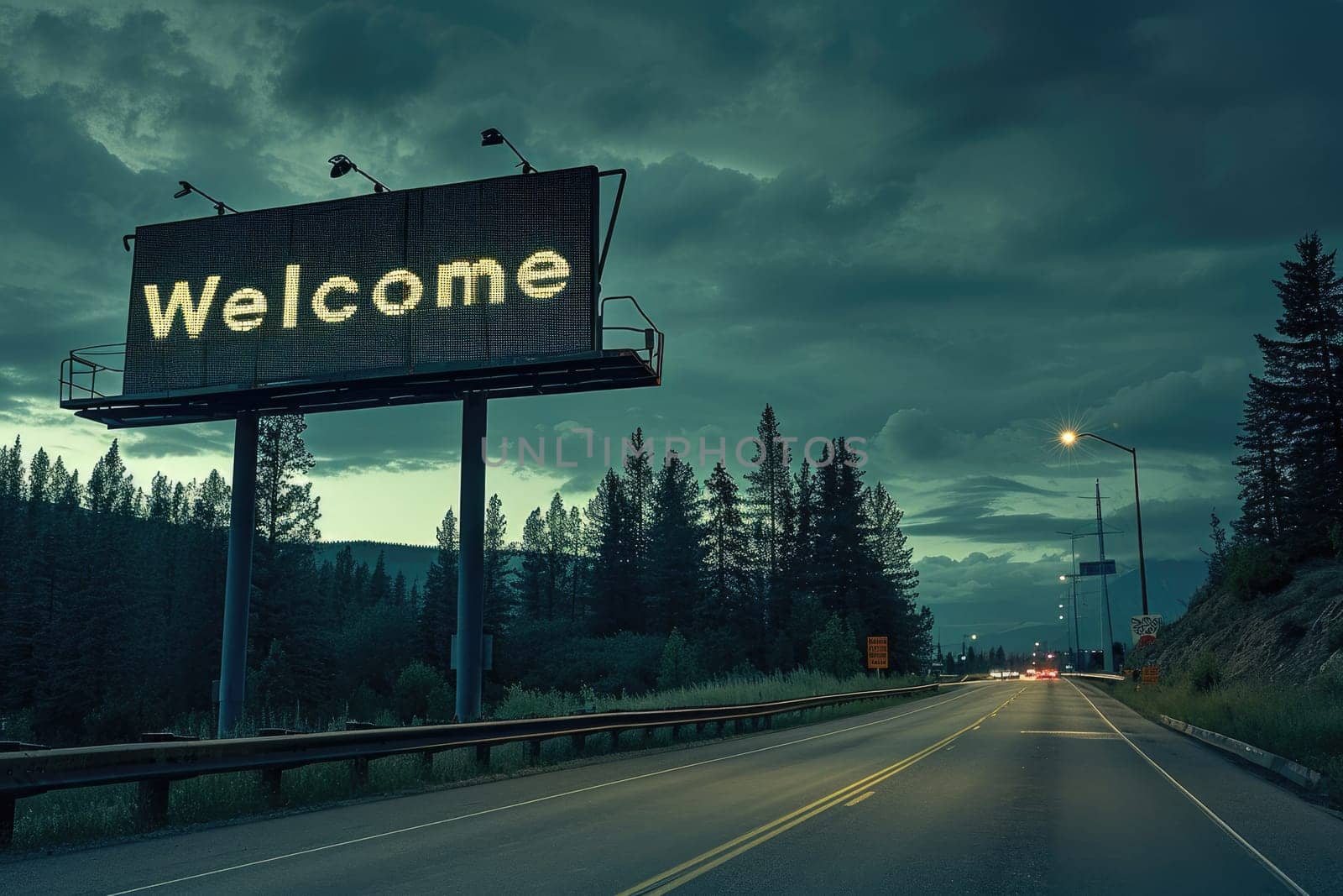 The word Welcome on road sign billboard, Welcome to Highway Road Sign by nijieimu