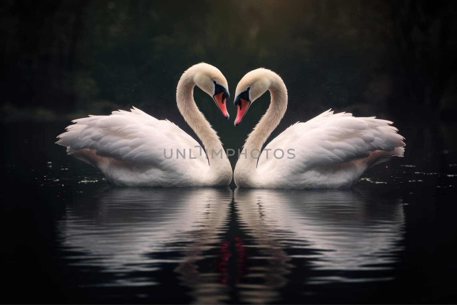 two beautiful swans on a lake shape heart, romantic swan during valentine's day, AI Generative by nijieimu