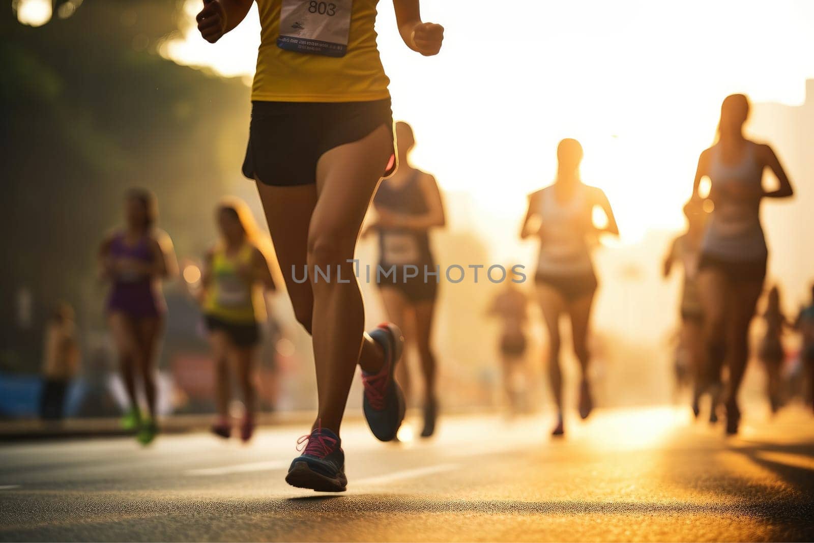 Marathon running in the light of evening, running on city road detail on legs, Athletes.