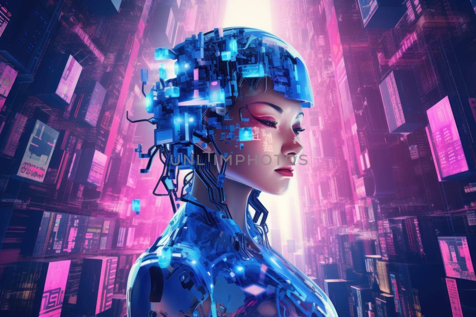 Creative poster collage of cyberpunk neon blue pink city light female robot by nijieimu