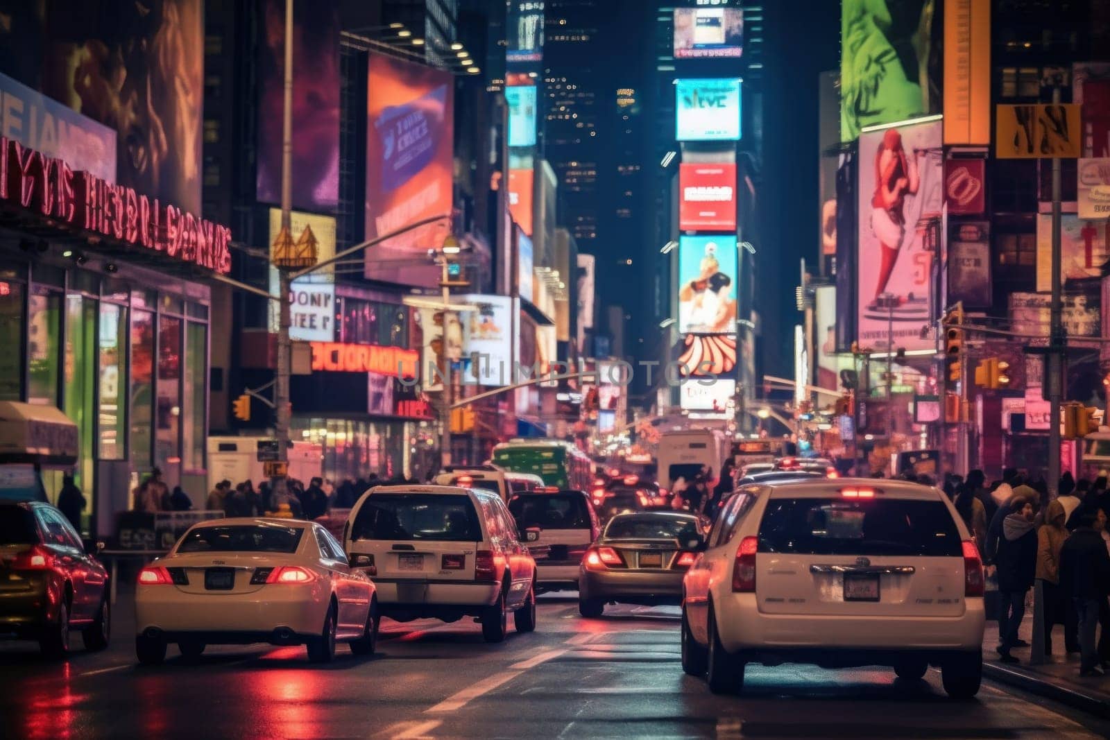 Photo of A lively street scene in Times Square.