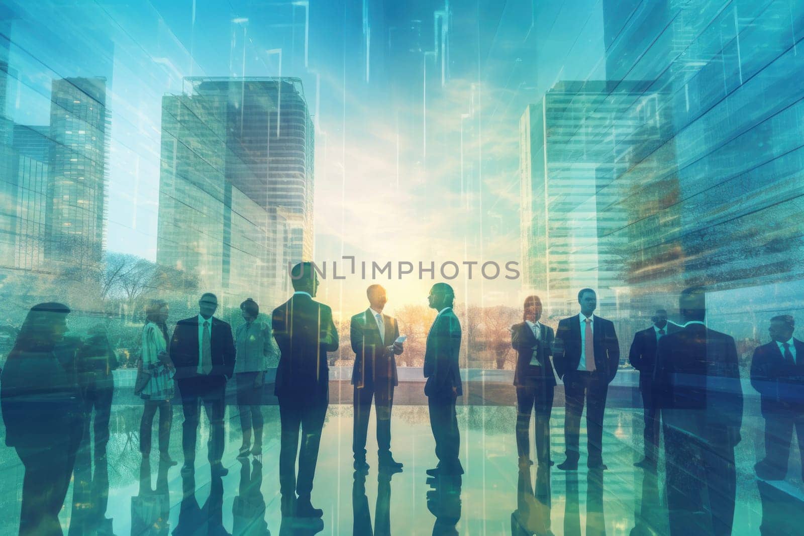 Double exposure image of business people conference group meeting on city building in background.