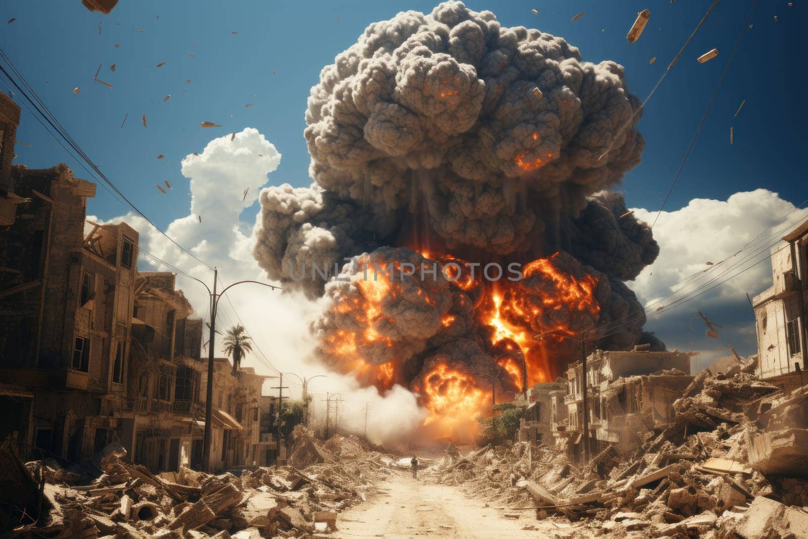 photorealistic image of a bomb explosion in a realistic war zone.