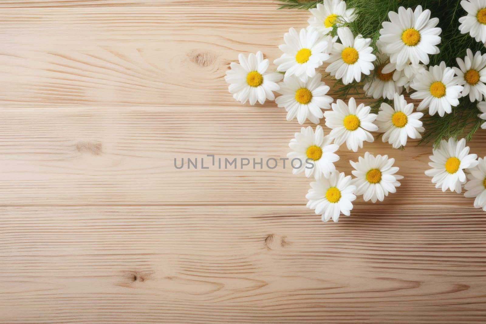 White daisy flowers gypsophila on wood table with copy space, minimal lifestyle concept.