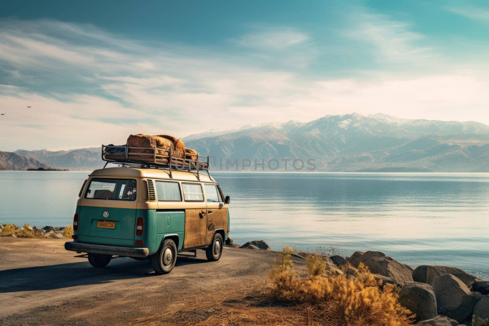 Aerial view, camper van and view of Mountain.