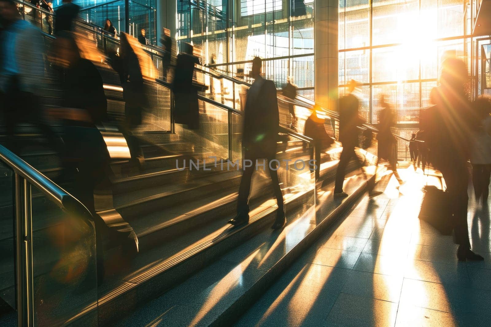 Blurred business people walking up and down stair outside office in fast movement.