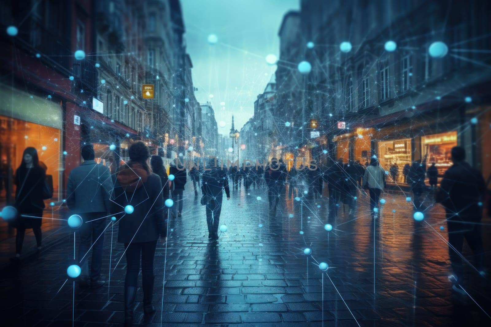 Surveillance camera of a crowd of people walking along busy city streets, AI generative by nijieimu