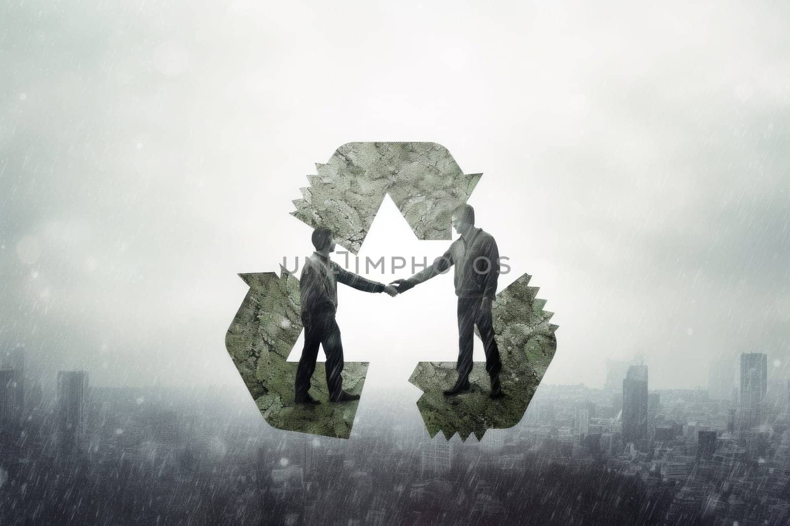 Partners shaking hands and recycling symbol, double exposure, Recycle Concept.