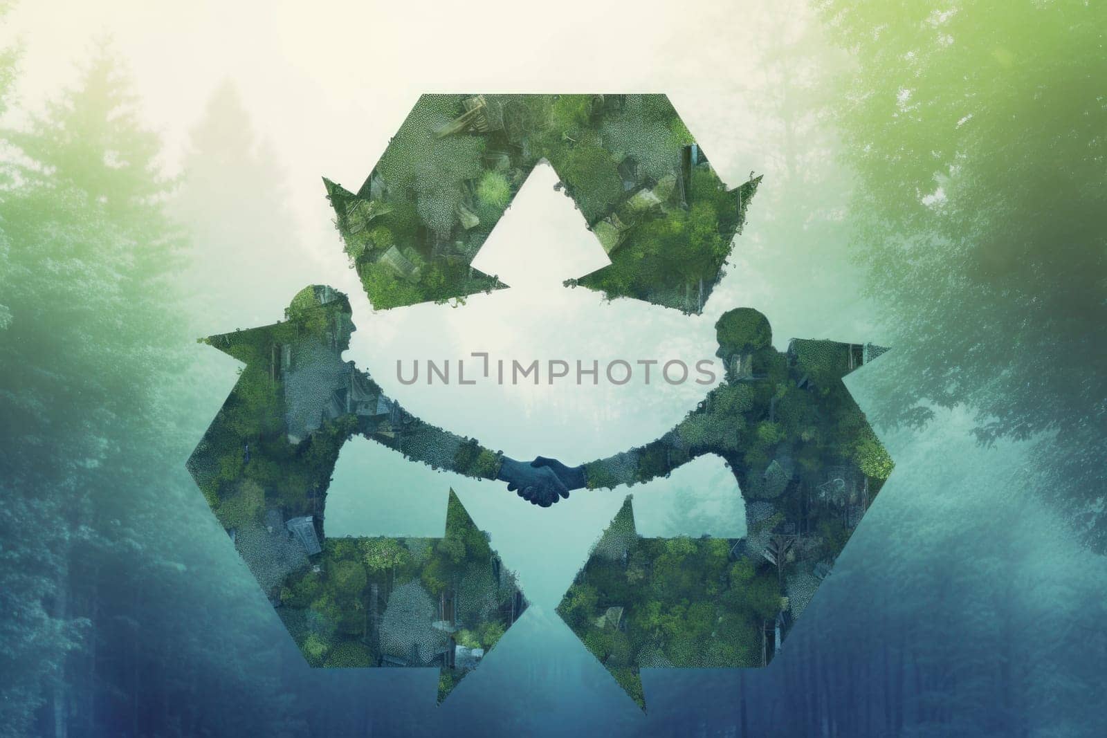 Partners shaking hands and recycling symbol, double exposure, Recycle Concept by nijieimu