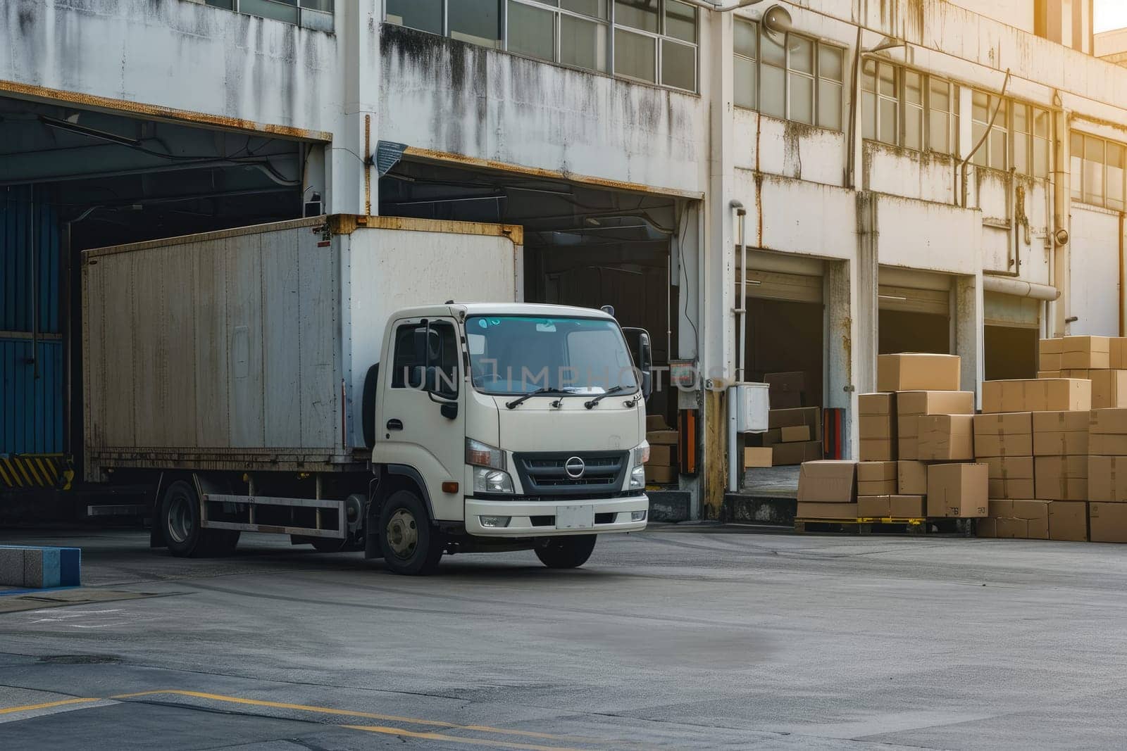 Logistics and transportation. White truck in the warehouse with boxes. for advertising.