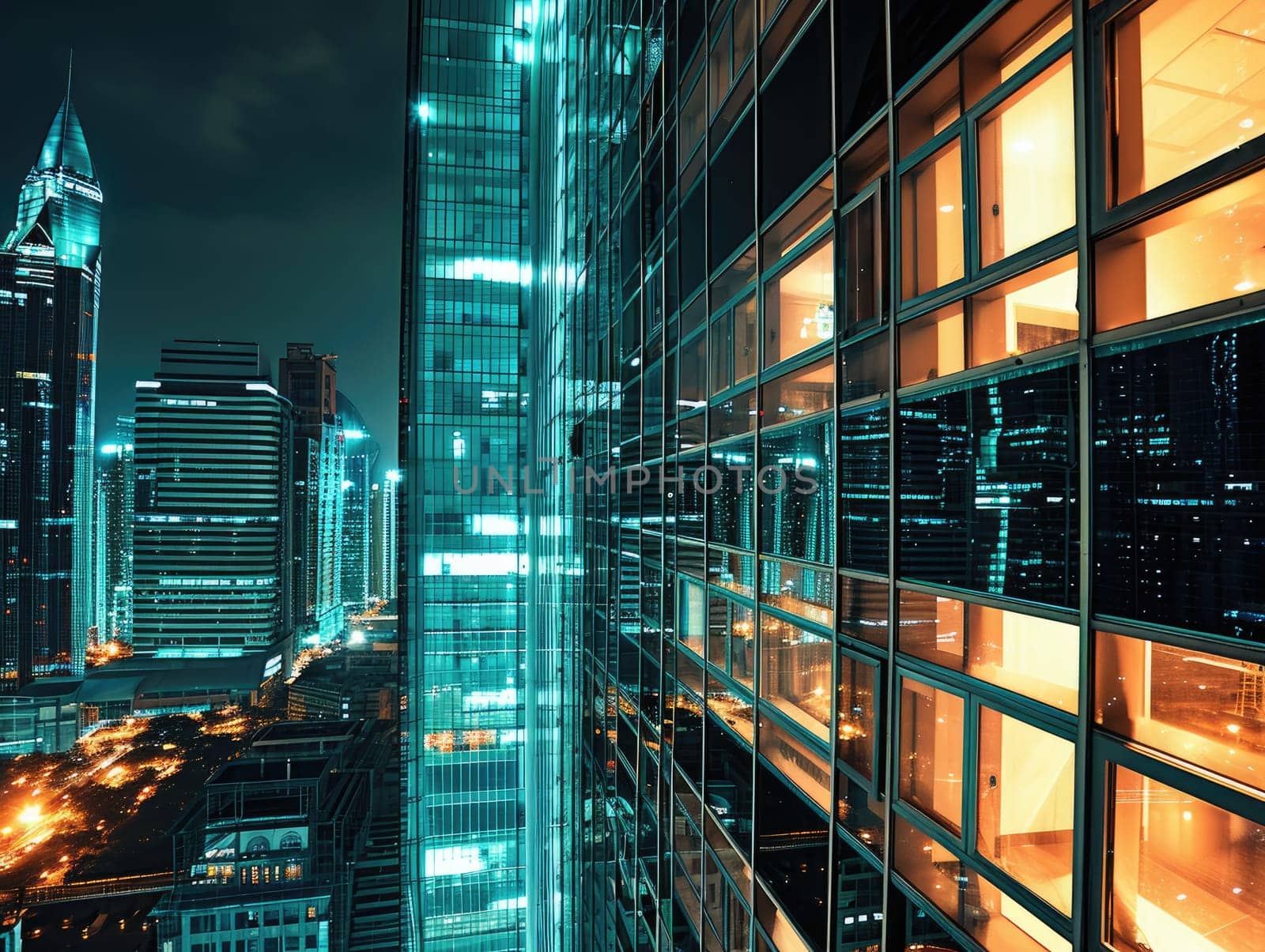 Business building city night view, Modern Office Building Illuminated at Night.