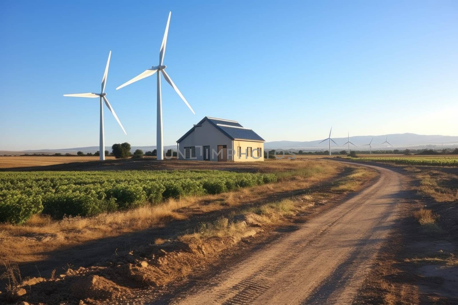 A wind farm with massive wind turbines.