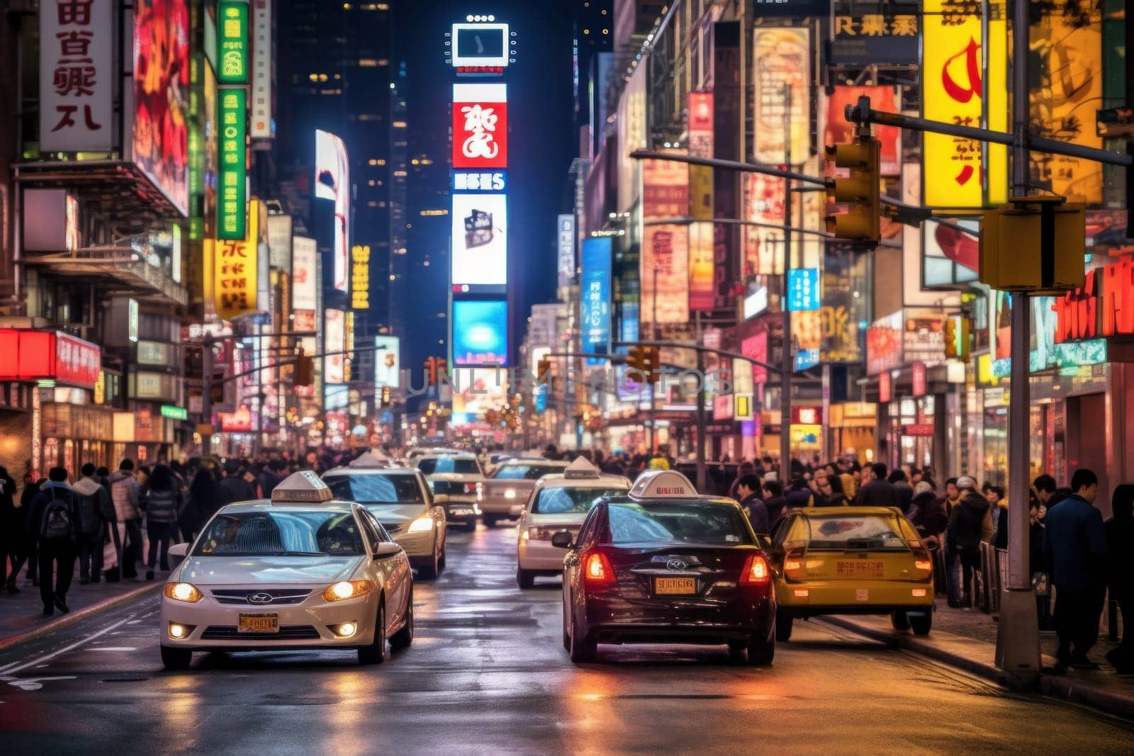 Photo of A lively street scene in Times Square.