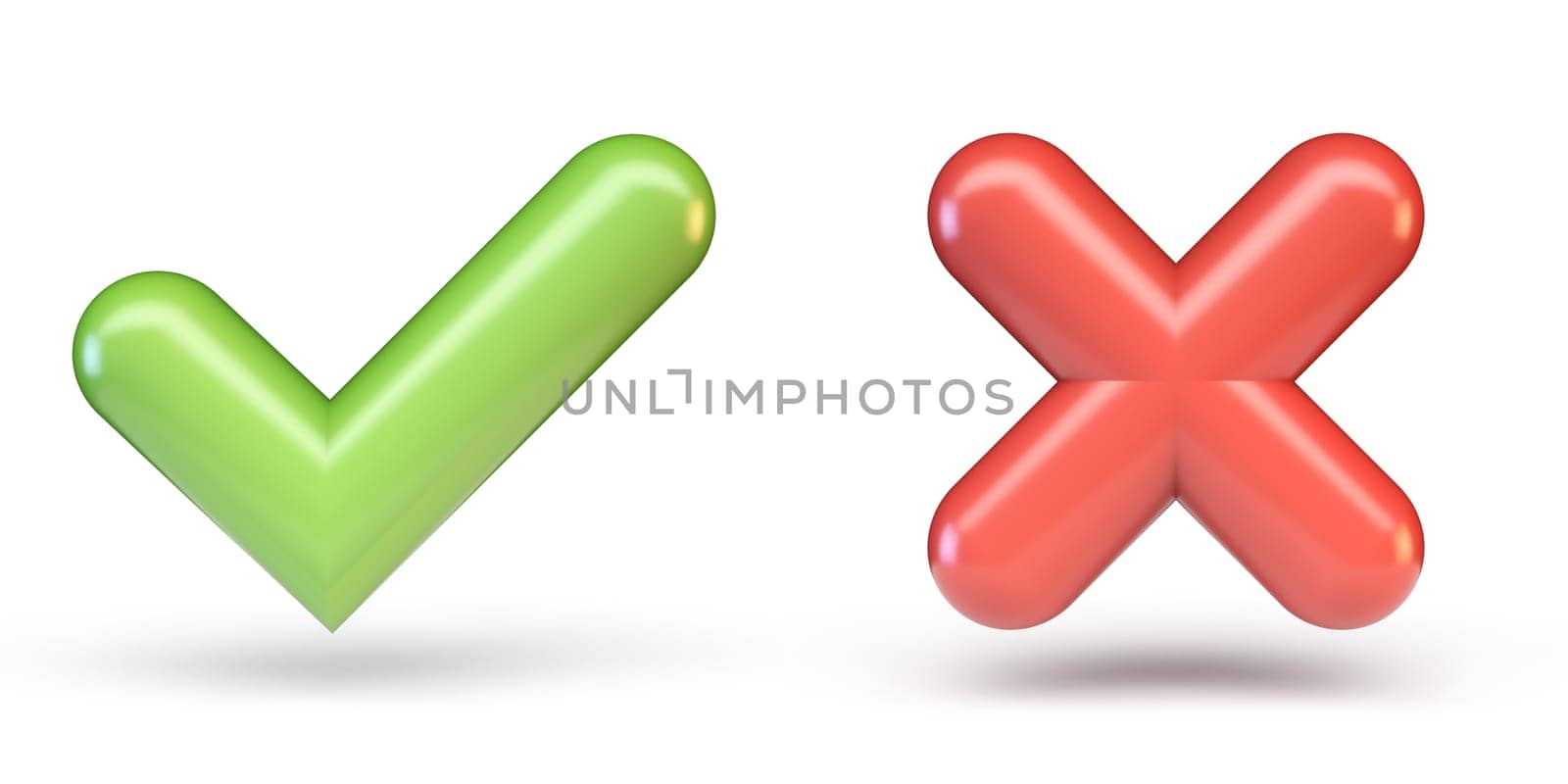 Green correct and red incorrect sign 3D rendering illustration isolated on white background