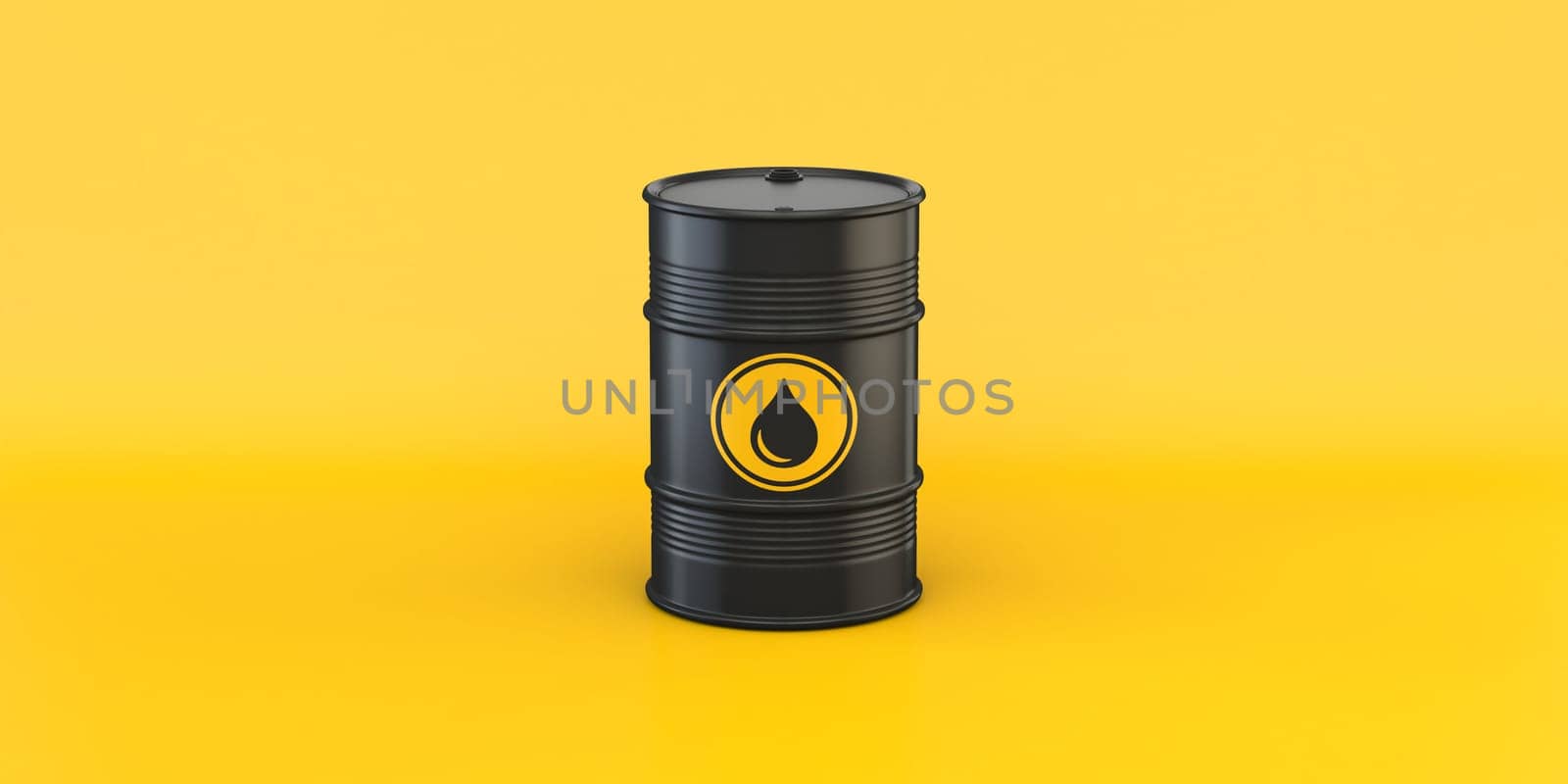 Black oil barrel 3D rendering illustration isolated on yellow background