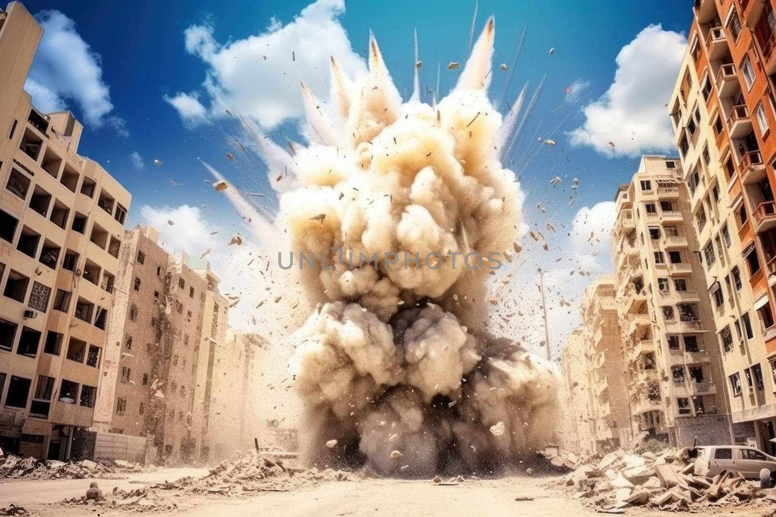 photorealistic image of a bomb explosion in a realistic war zone.