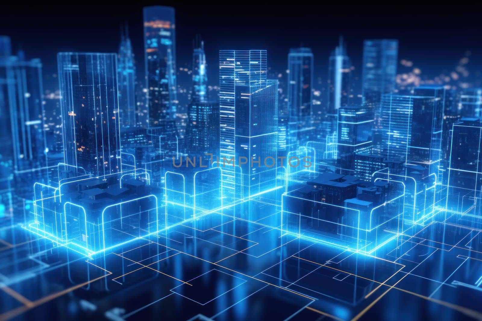 picture of modern city buildings with a blue light, in the style of data visualization.