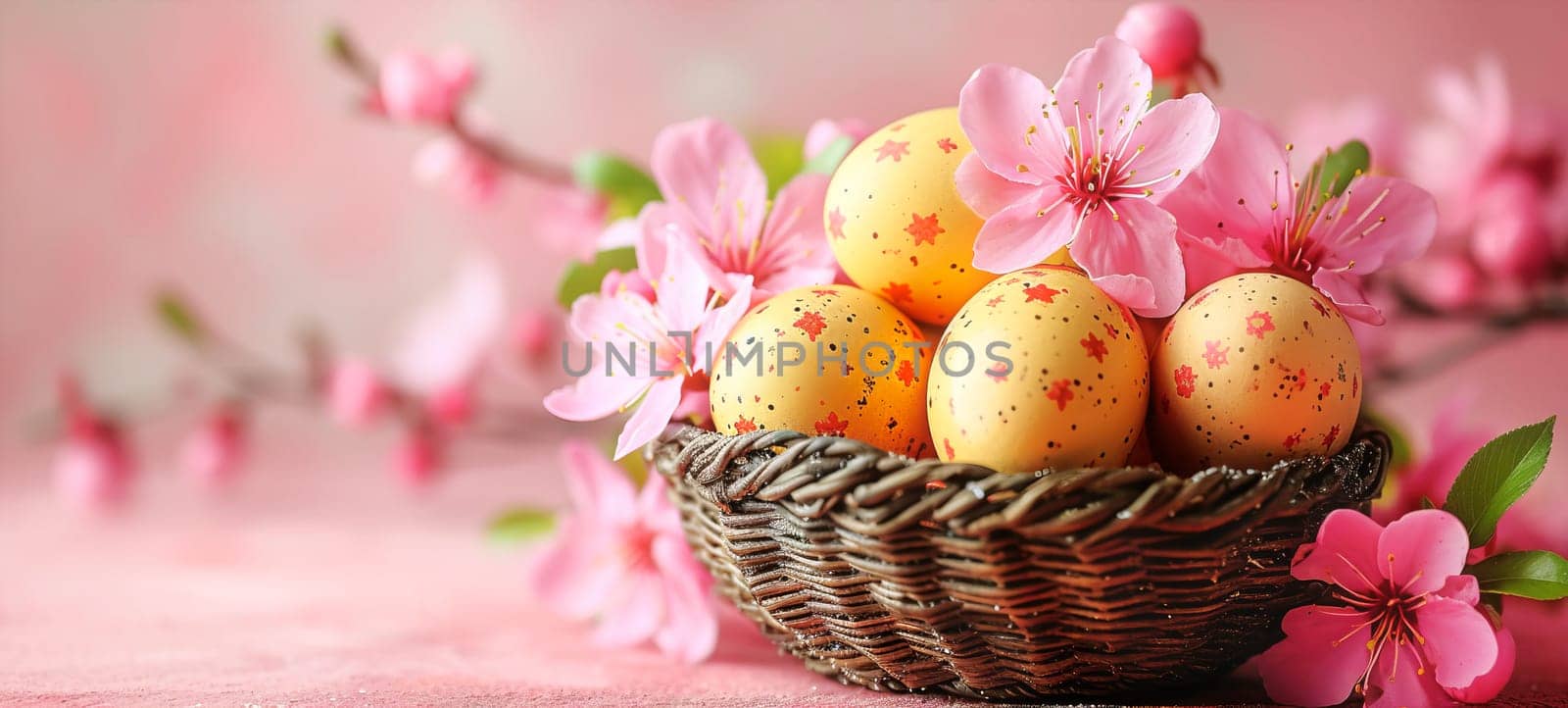 Easter holiday celebration banner greeting card banner with easter eggs and flowers on a pink background.