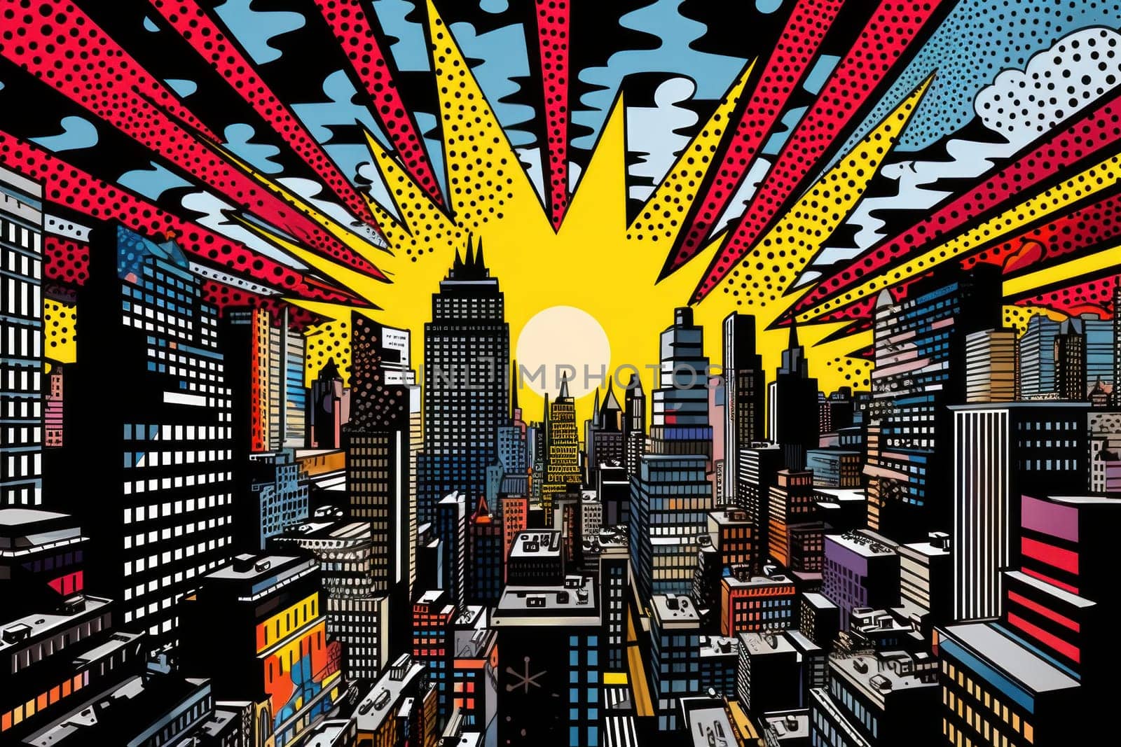 comic retro pop art style sunrise in the city.