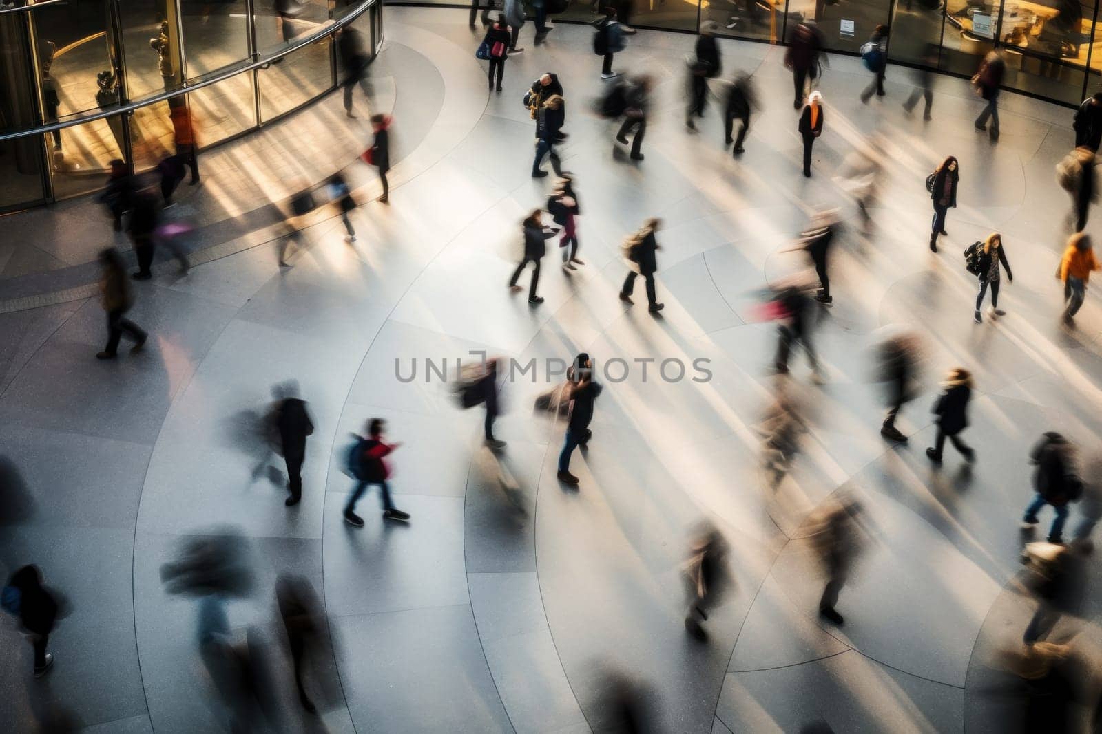 Photo From above view of Crown of people walking in motion blur.