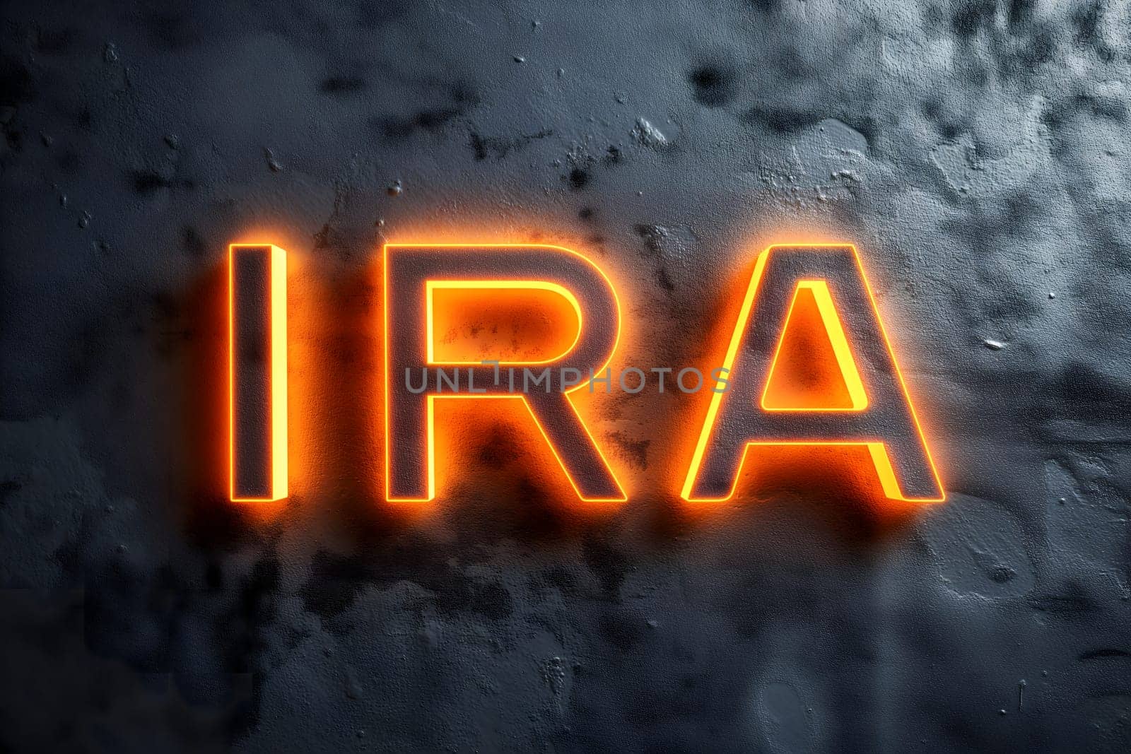 Glowing word IRA for Individual retirement account on shabby background. Neural network generated image. Not based on any actual person or scene.