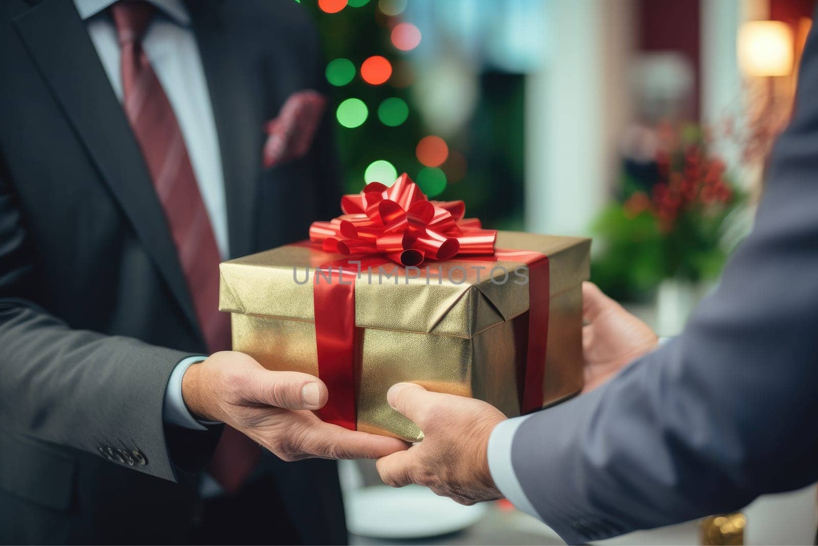 Close up view of hands Giving a business gift in an office, AI Generative.