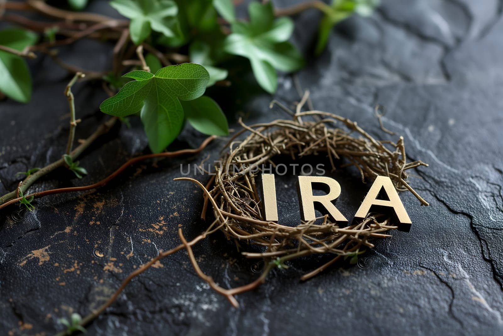 Word IRA in a nest on black slate background. Neural network generated image. Not based on any actual person or scene.