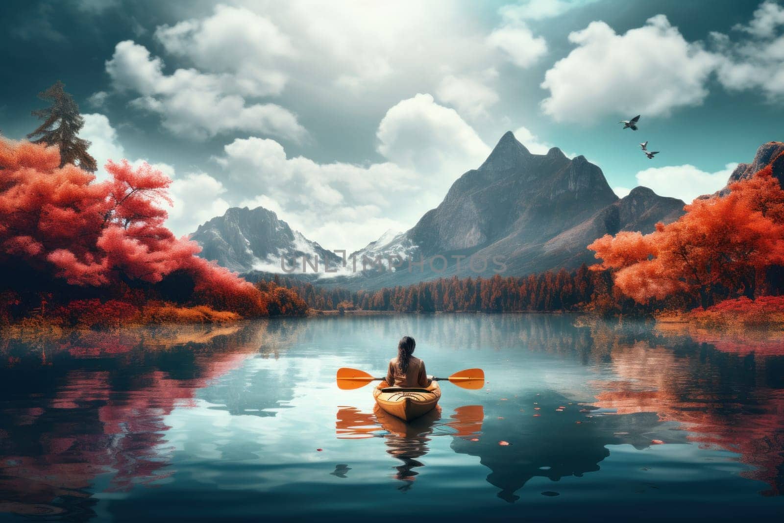 Rear view of woman riding kayak in stream with background of beautiful landscape.