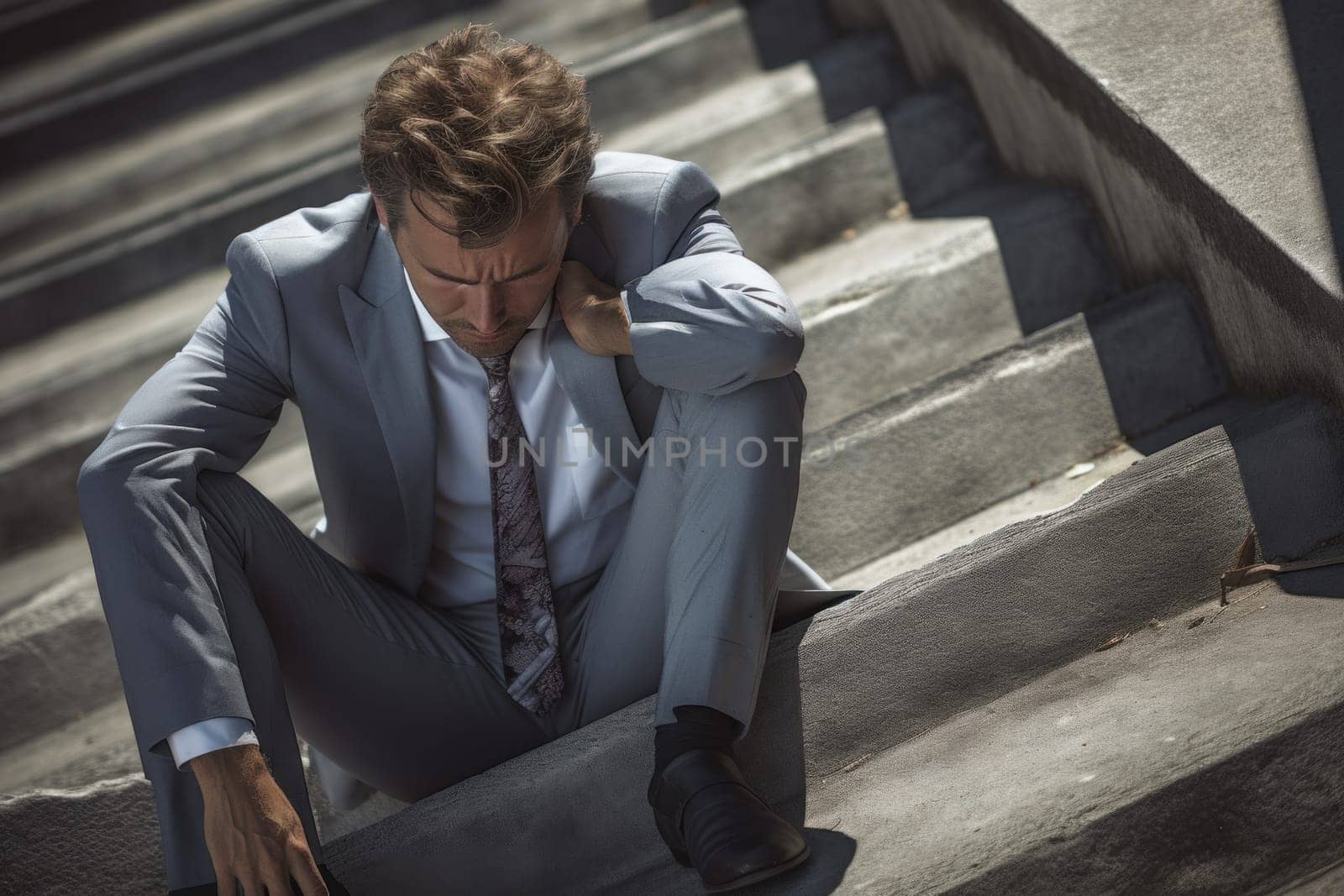 Photograph of Business man in depression sitting on ground street concrete stairs suffering.