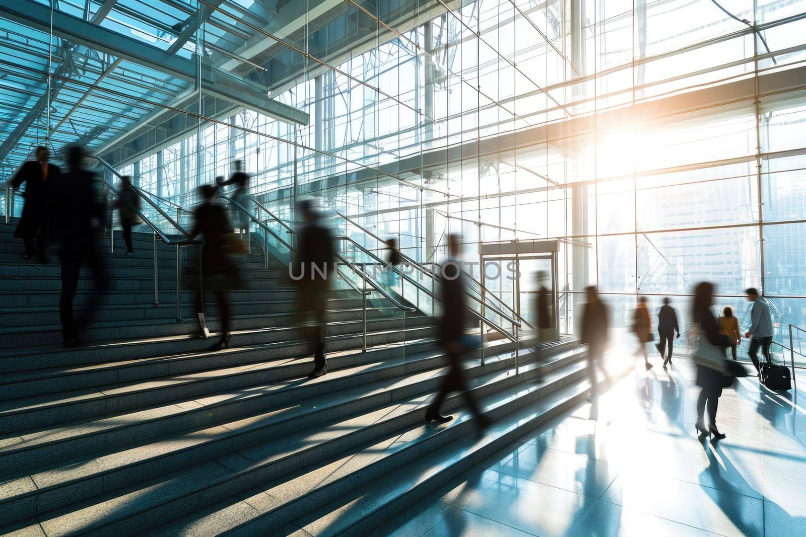 Blurred business people walking up and down stair outside office in fast movement.