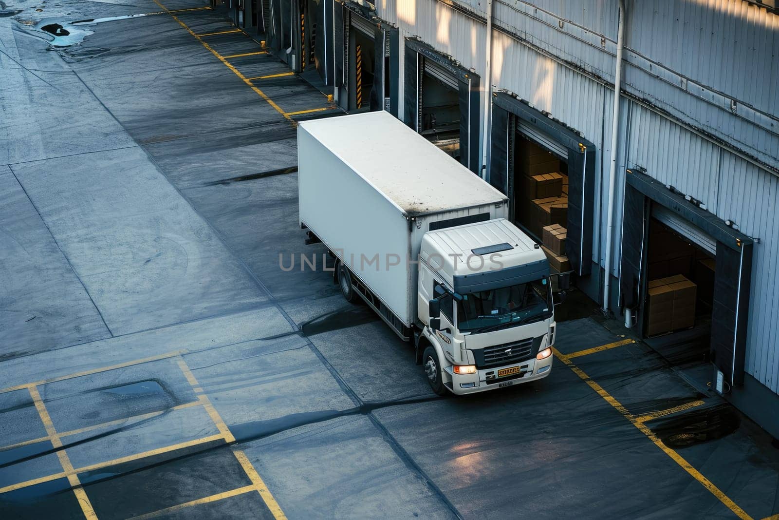 Logistics and transportation. White truck in the warehouse with boxes. for advertising by nijieimu