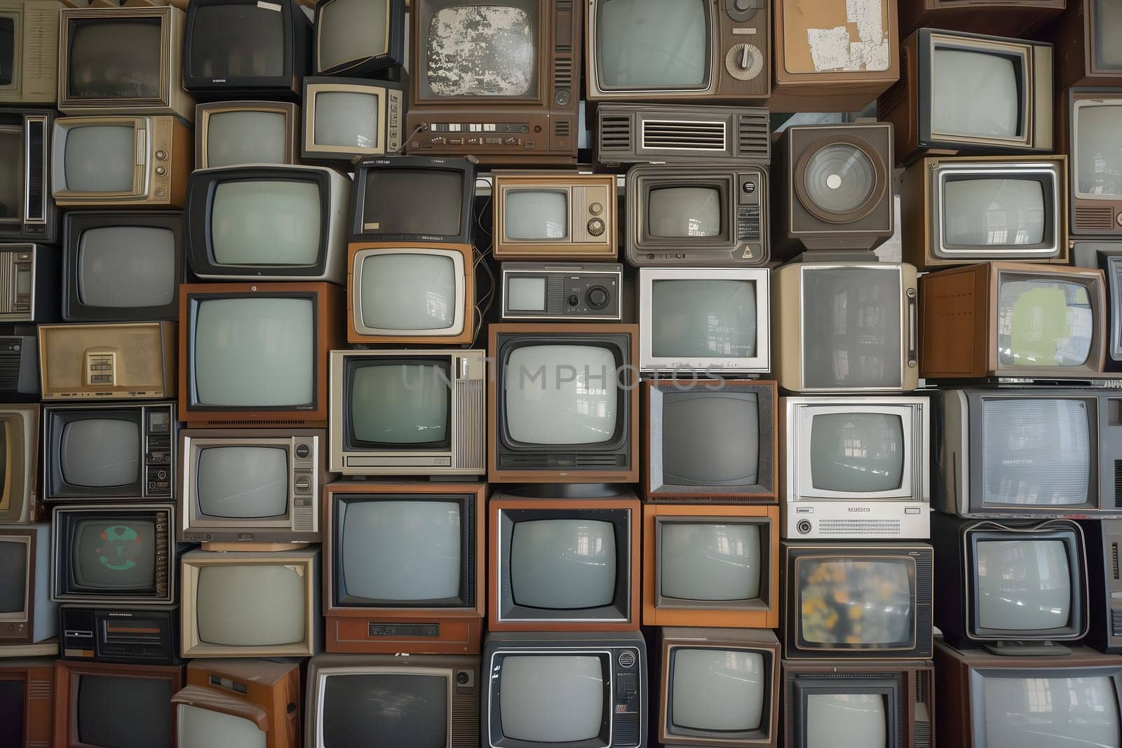 Many old analog tv sets stacked along the wall. by z1b