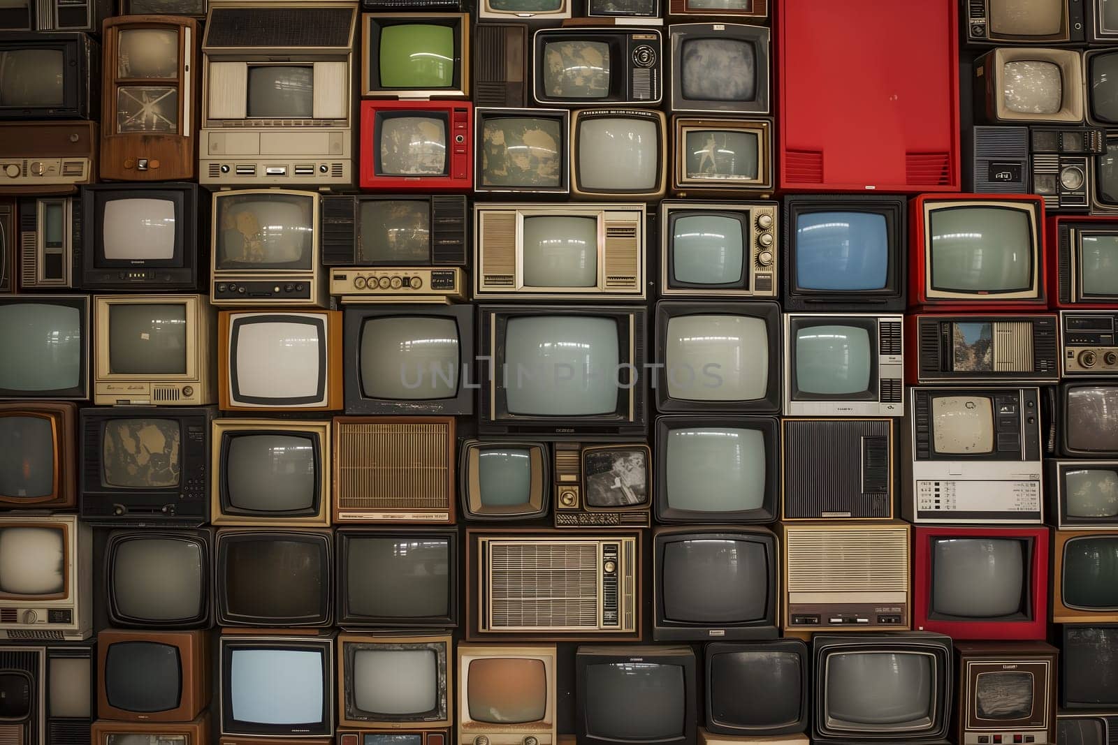 Many old analog tv sets stacked along the wall. by z1b