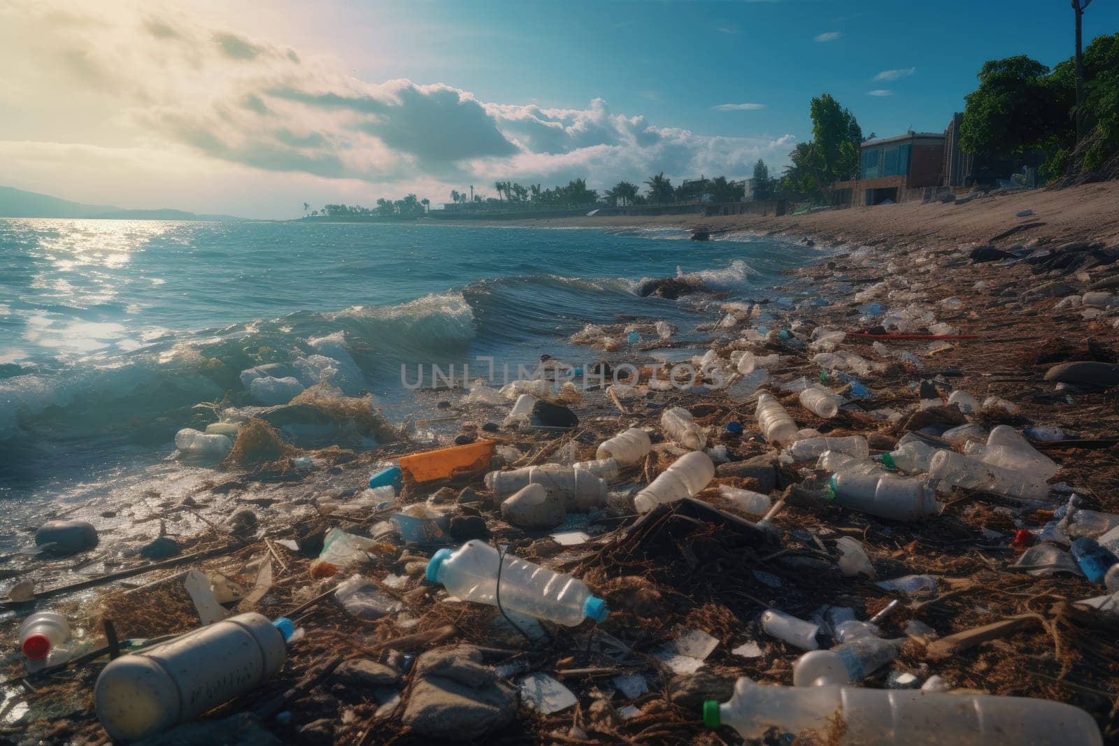 Shoreline tainted by plastic waste. Polluted beach with garbage.